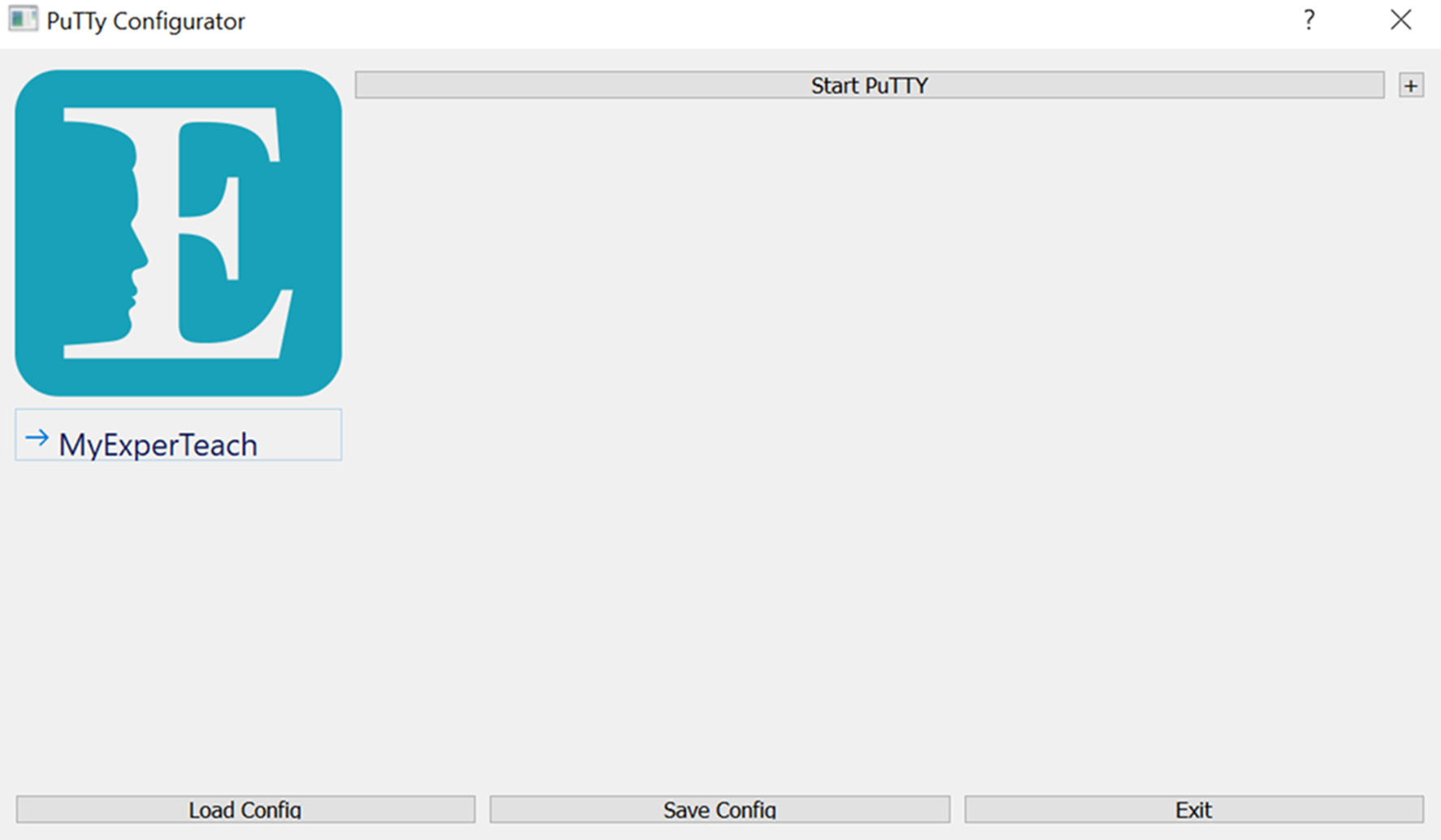 Startseite des Putty Konfigurators mit Buttons Start Putty, Load Cofig, Save Config, Exit