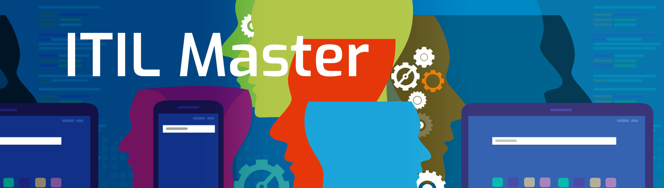 grafische Darstellung: Bildschirme, Zahnräder, Konturen von Köpfen, 