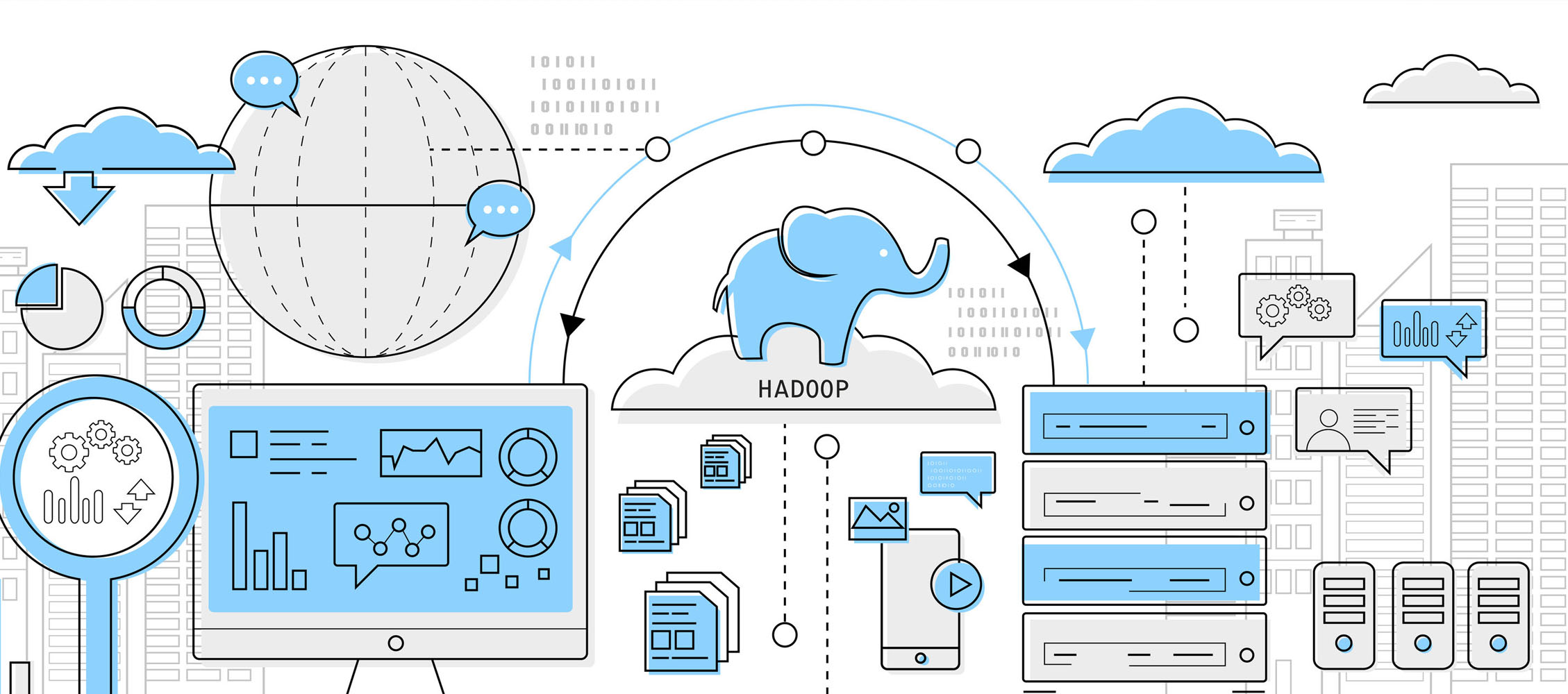 Grafische Abbildung mit PC, Servern, dem Hadoop Elefanten für Big Data Hadoop