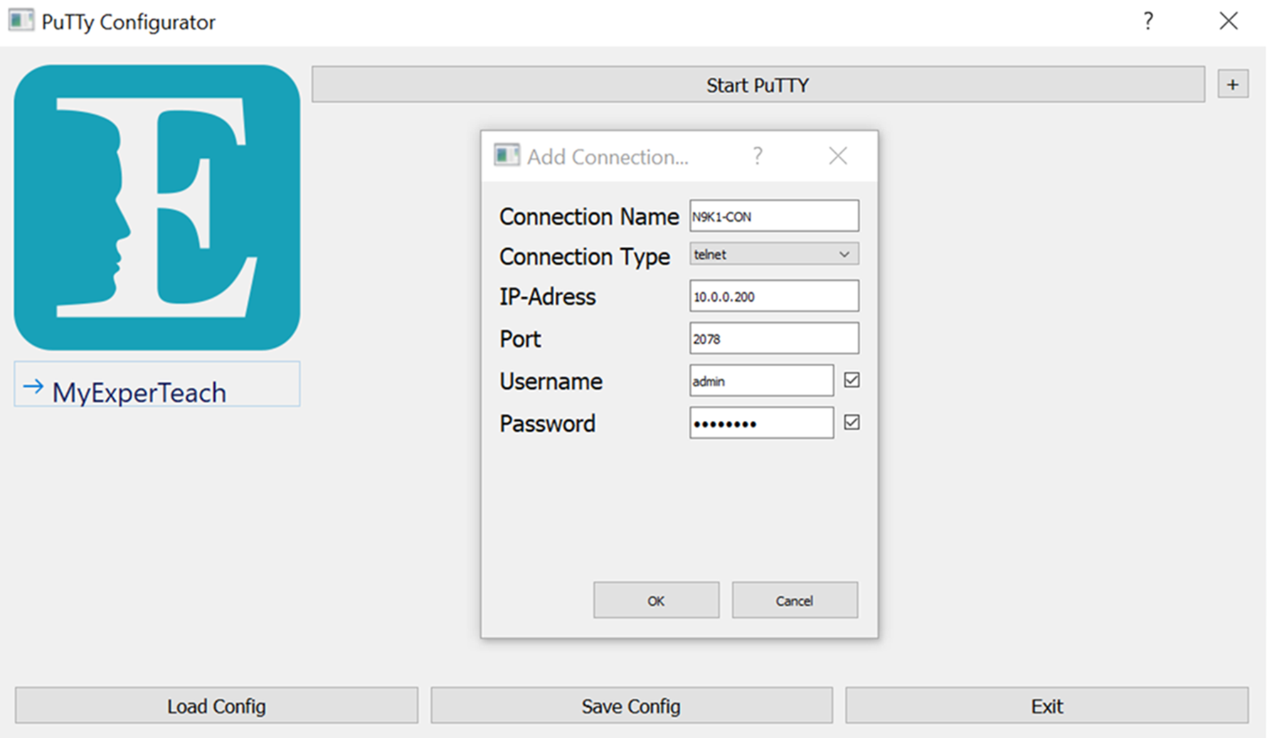 Putty Konfigurator mit geöffnetem Konfigurationsdialog