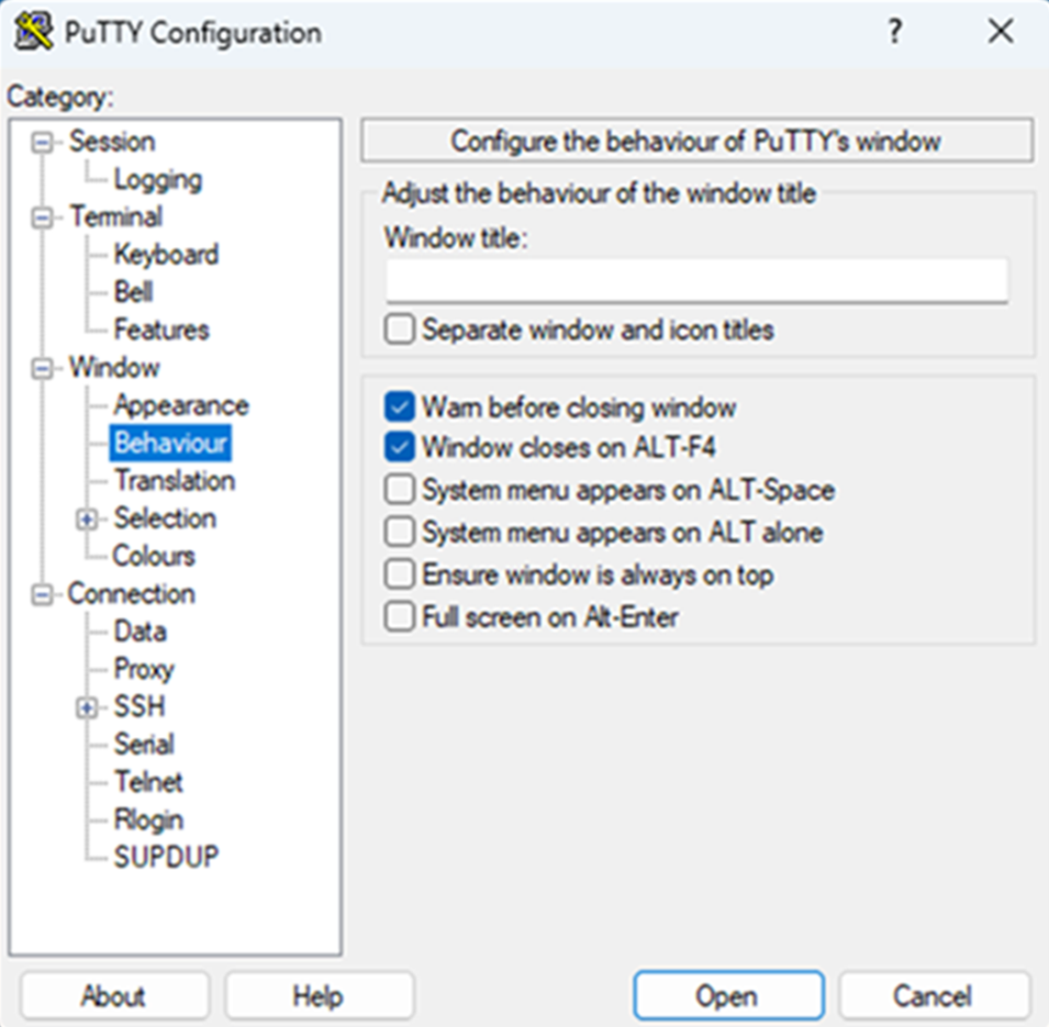 Einstellungsmenü des Putty Konfigurators: Behaviour ist markiert, Einstellungen Warn before closing window und Window closes on ALT-F4 sind aktiviert