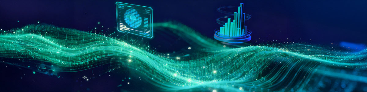 Veeam, Digitale Darstellung von grünen Datenströmen mit Diagrammen und Grafiken auf dunklem Hintergrund